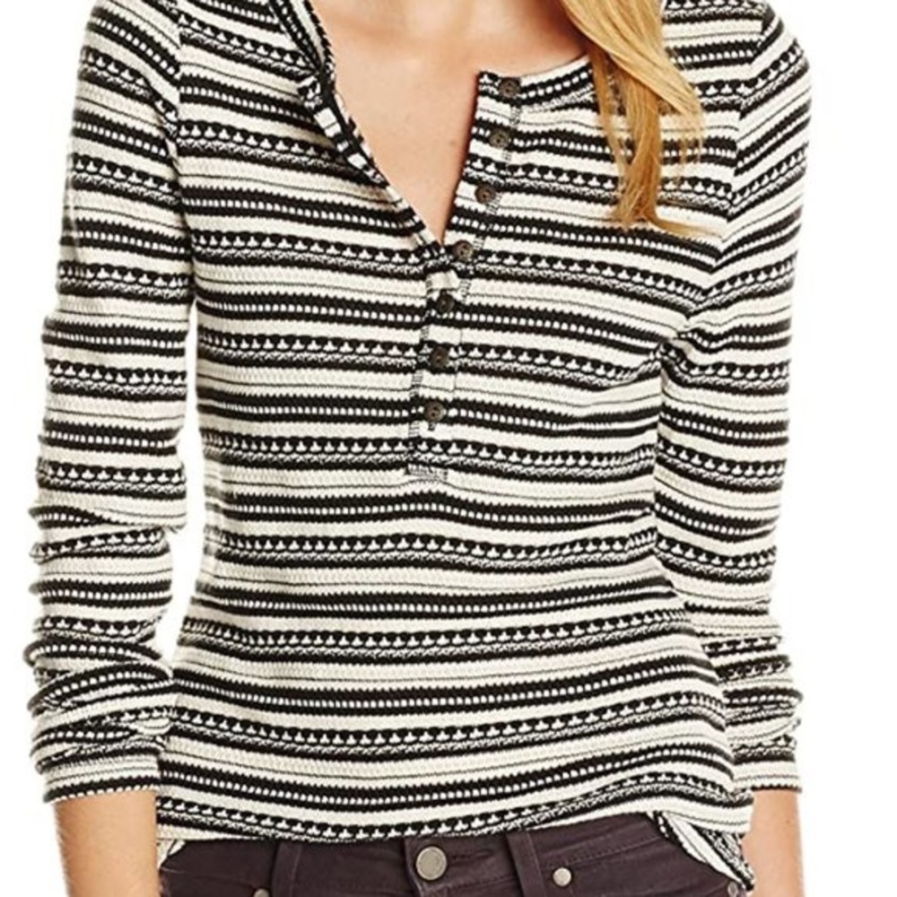 Lucky Brand Thermal Knit Henley Sweater - Black/White Fair Isle Stripe - Size L